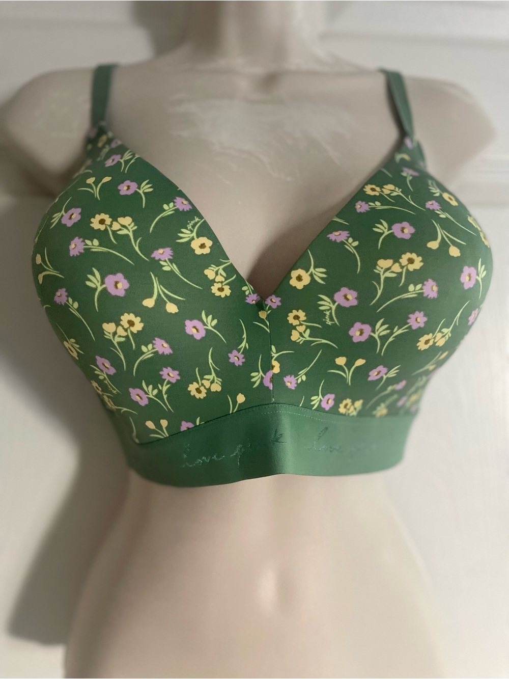 Victoria's Secret Pink Green Floral Wireless Bralette with Purple & Yellow Bloom